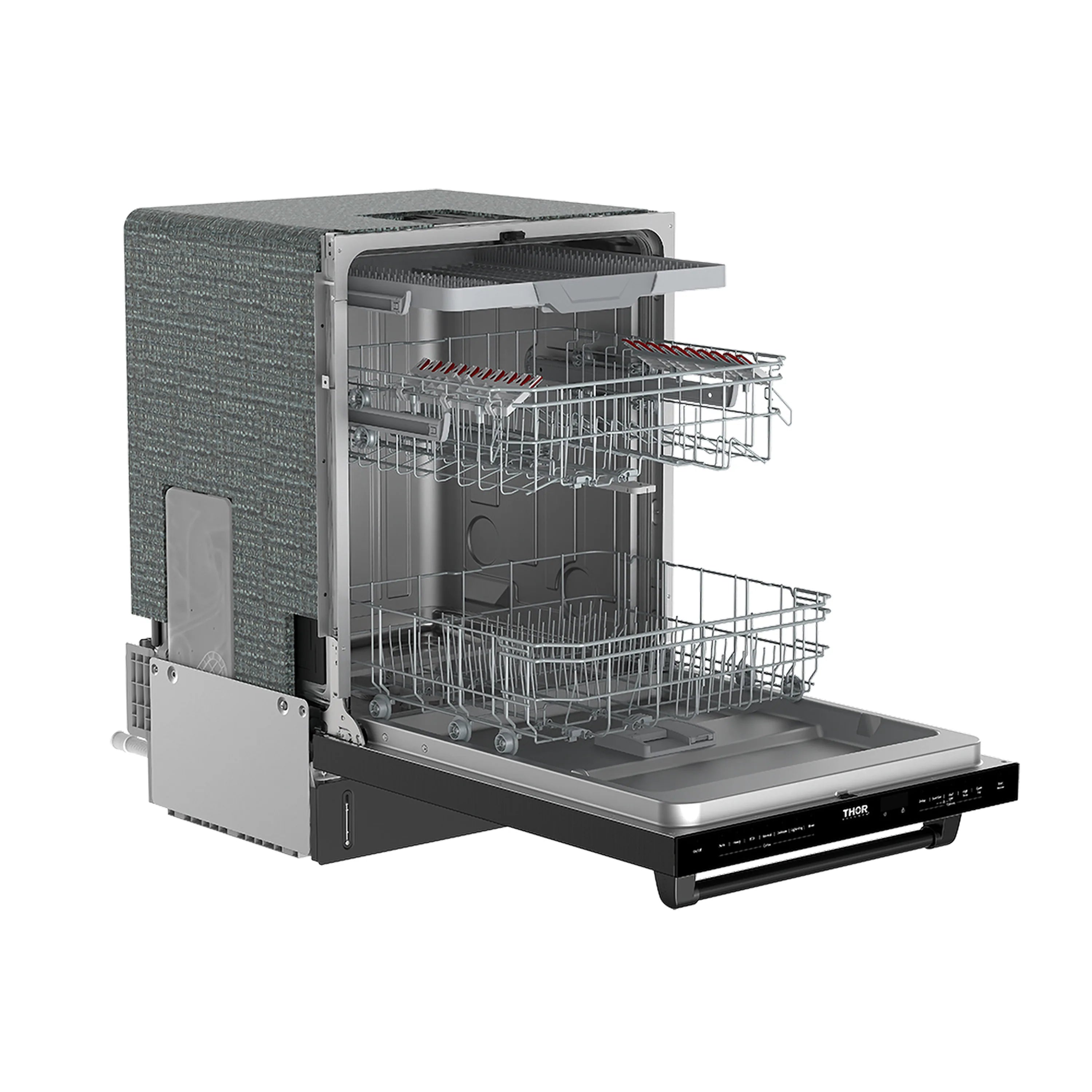 Open built-in dishwasher angled view with interior racks and front controls.