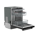Open built-in dishwasher angled view with interior racks and front controls.