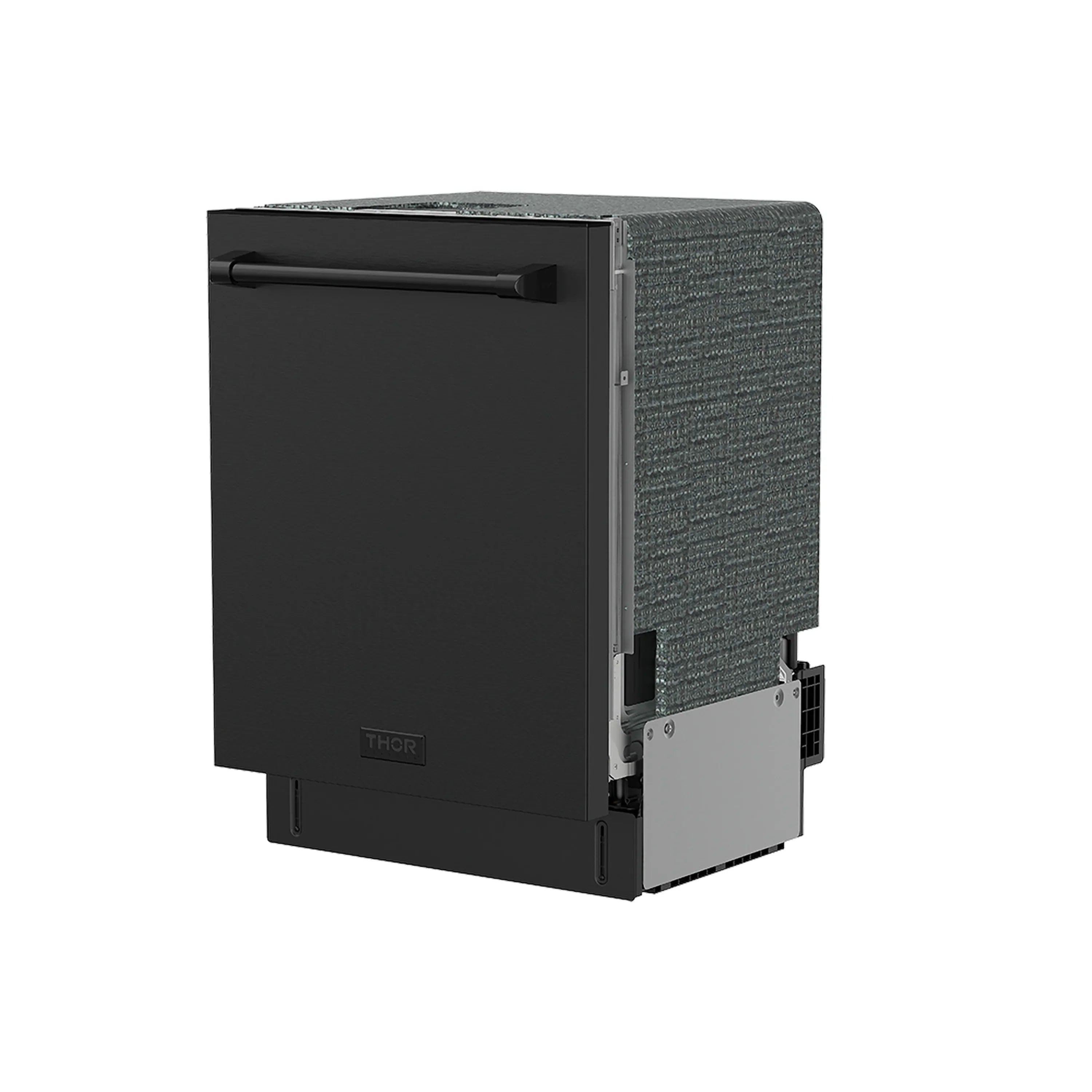 Black dishwasher with speckled side panel and front handle in a corner view