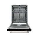 Built-in top control dishwasher with open door, empty racks visible in white.