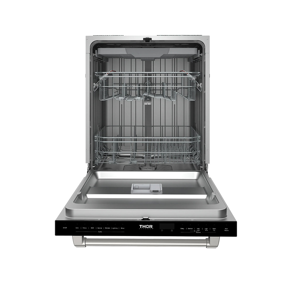 White dishwasher with open door, empty racks, and front control panel