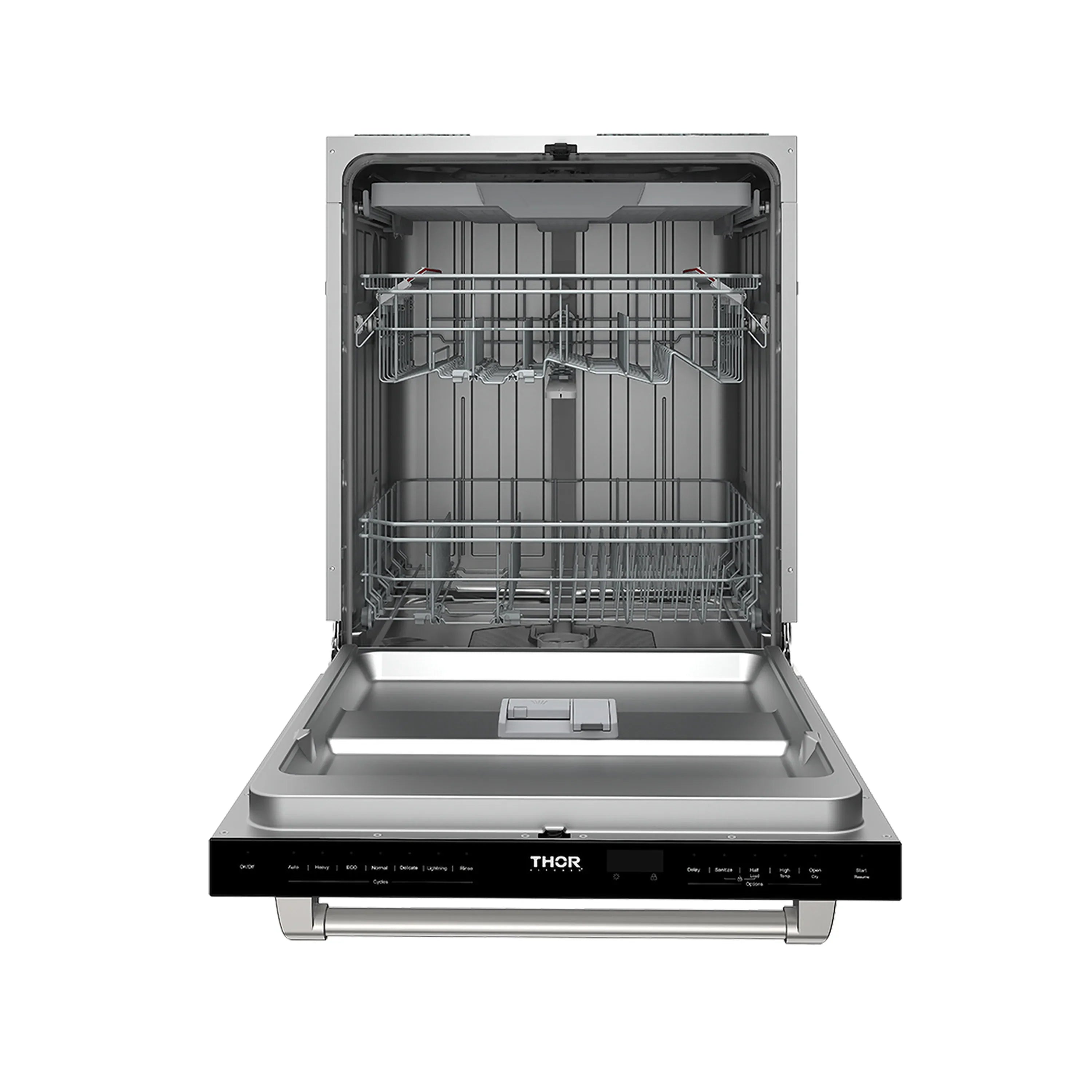 THOR built-in dishwasher with open door, empty racks, and lower spray area visible