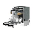 Built-in dishwasher with door open, loaded racks with plates, cups, and utensils.