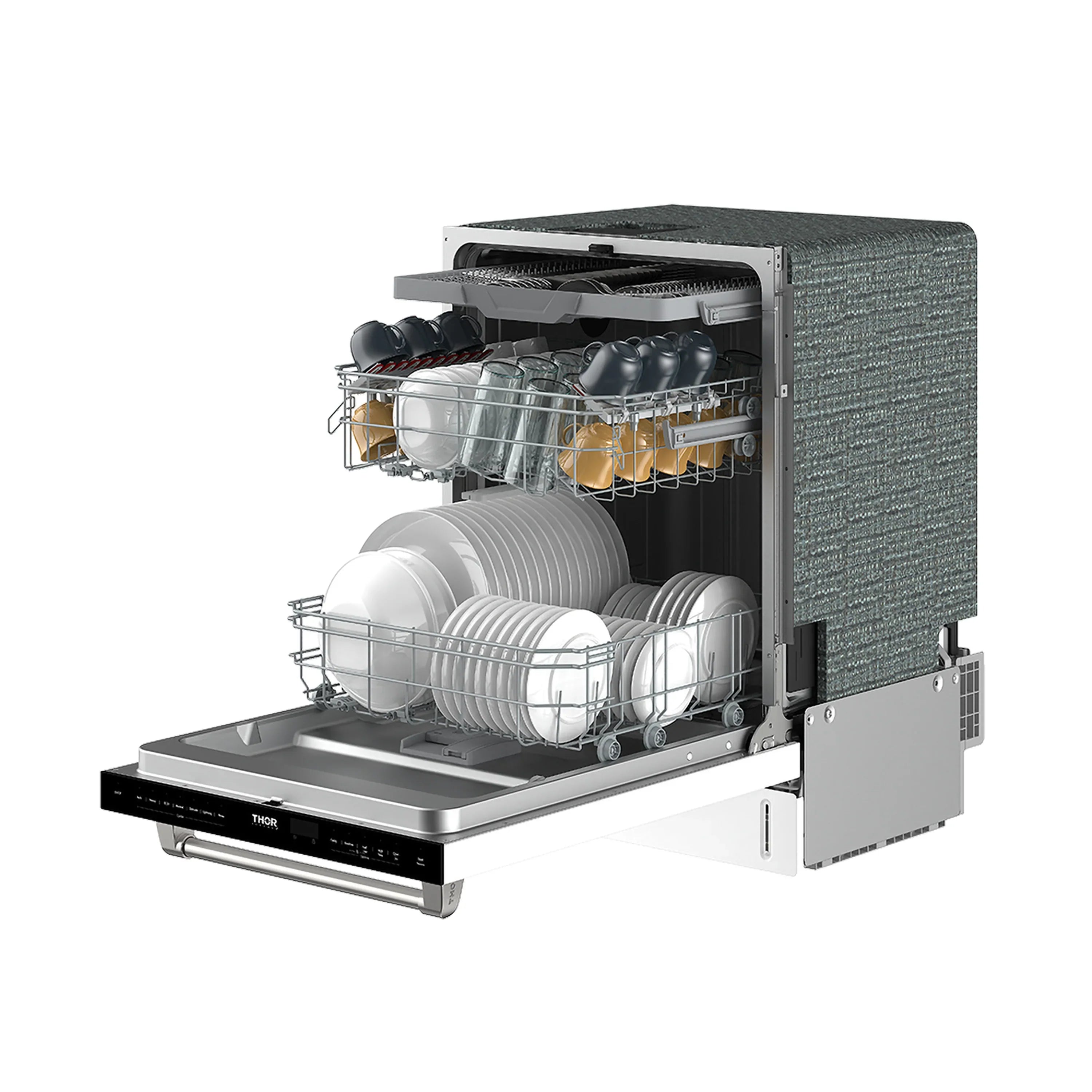 White dishwasher with open door, stacked racks and silver interior