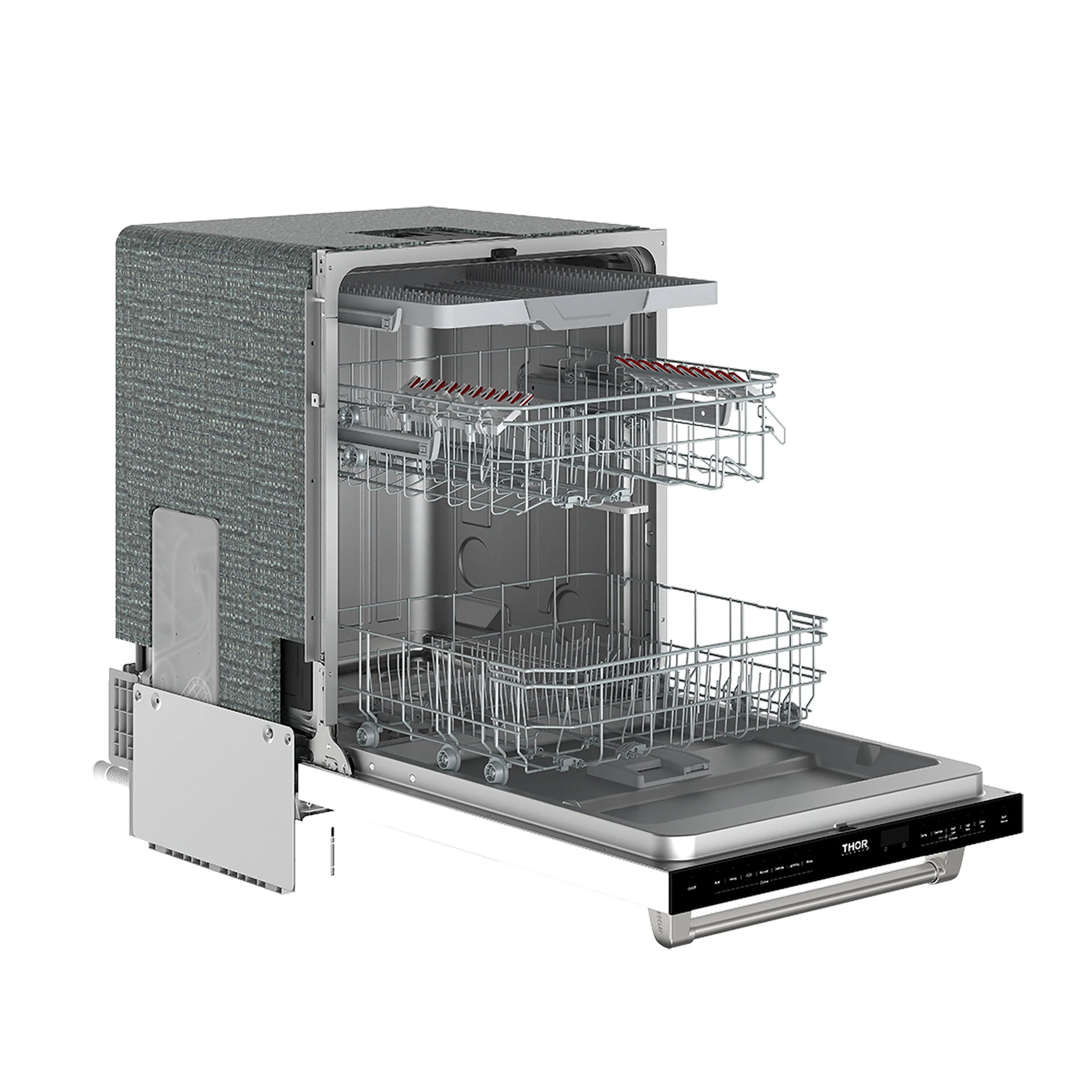 Built-in dishwasher with door open, upper and lower racks and wash arms visible.