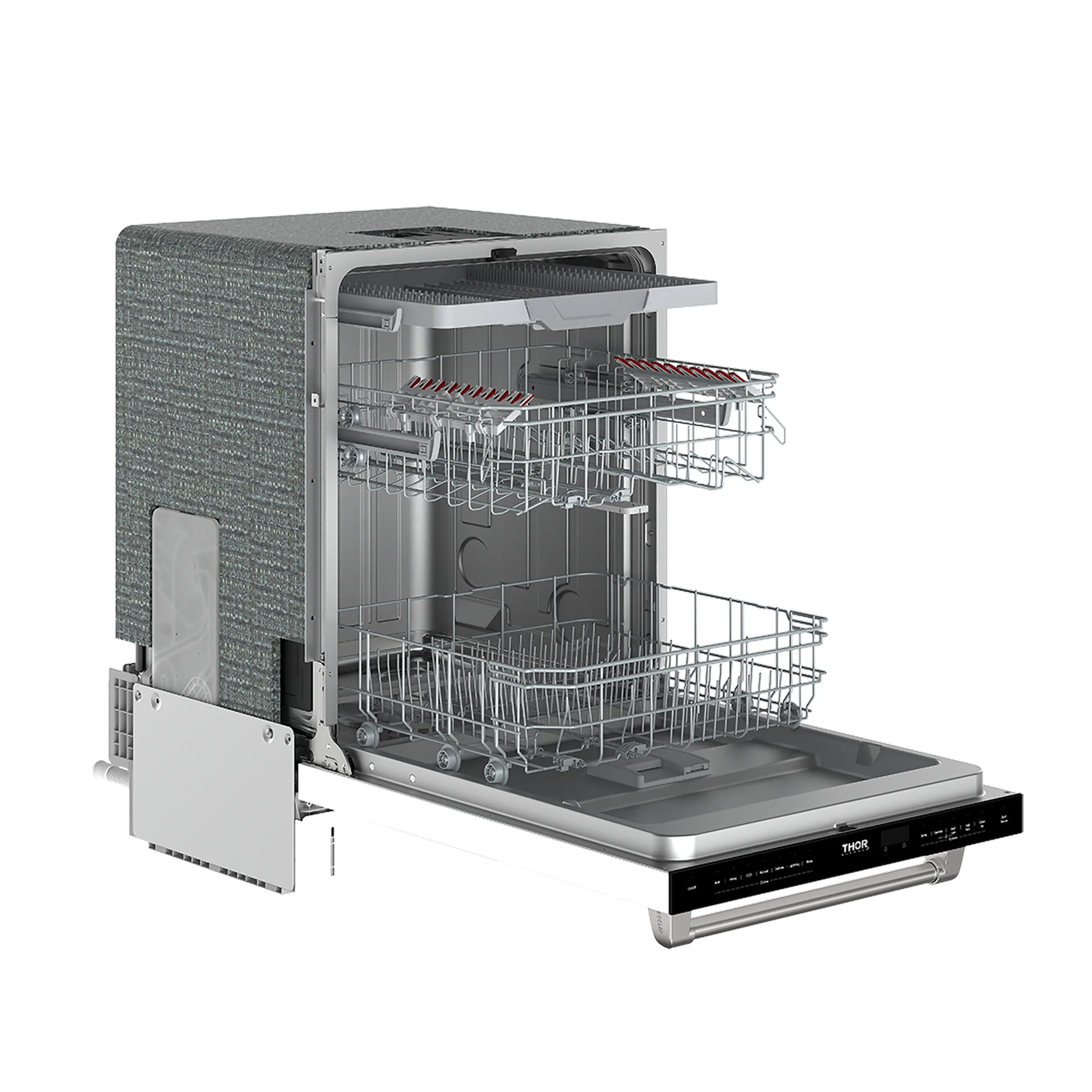 THOR dishwasher open to show interior racks, spray arms, and water lines