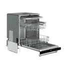 Built-in dishwasher with door open, upper and lower racks and wash arms visible.