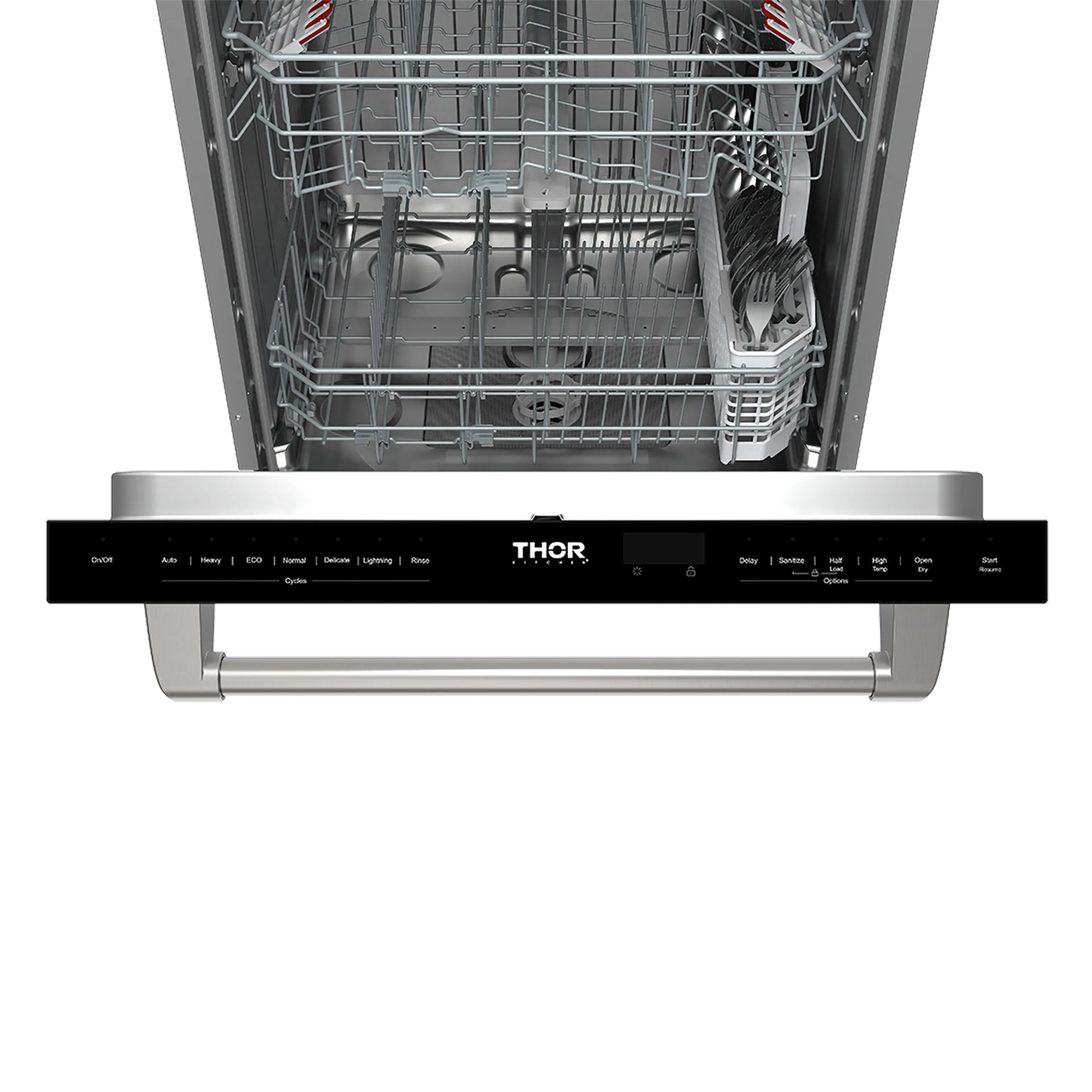 Built-in dishwasher front control panel with door open; interior racks and spray arms shown.