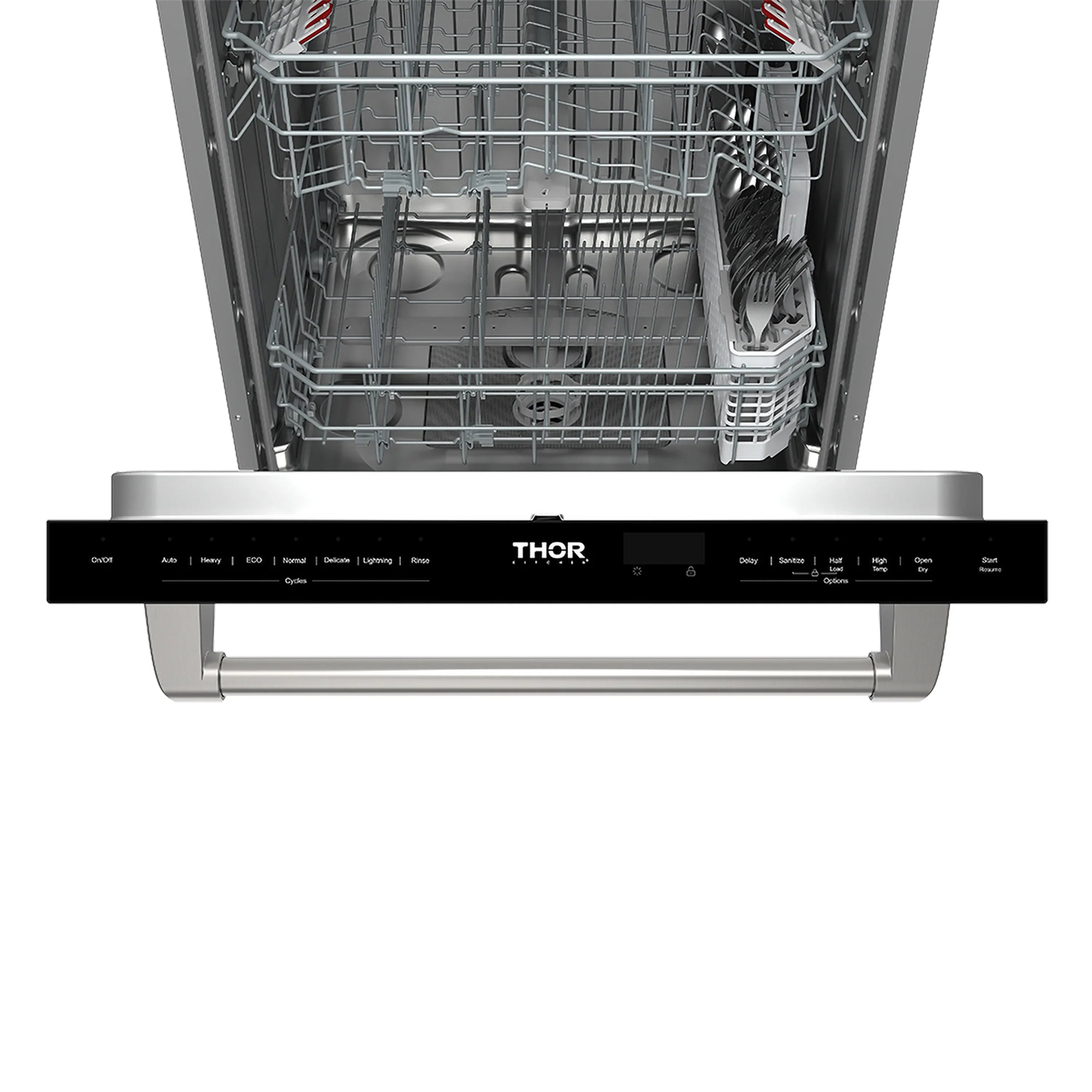 White dishwasher front view with black control panel and open interior racks