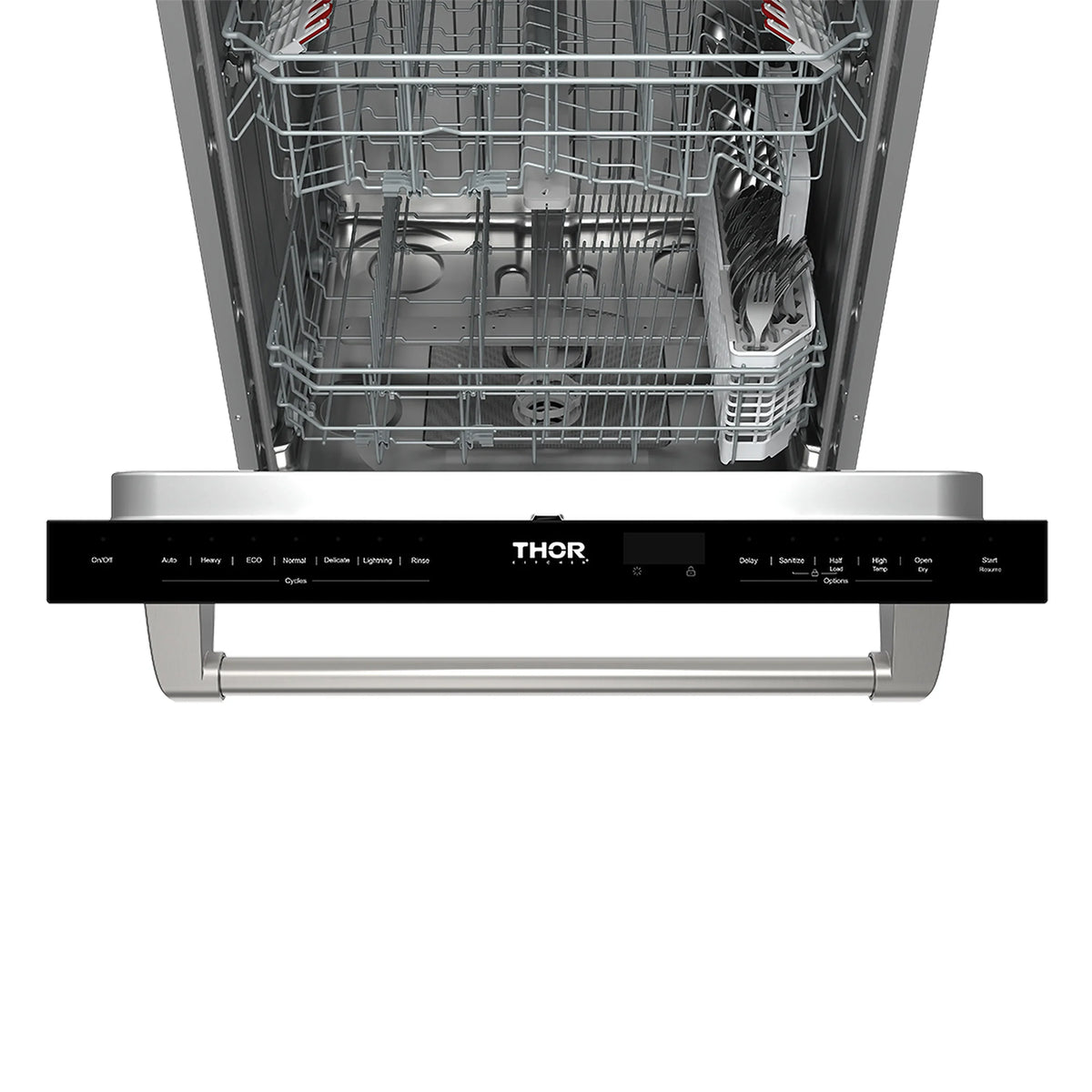 Dishwasher control panel with THOR branding above open wash tub and racks