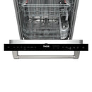 Built-in dishwasher front control panel with door open; interior racks and spray arms shown.
