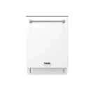 White built-in dishwasher front with closed door and stainless handle bar.