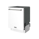 White built-in dishwasher shown in 3/4 view with top control area and handle bar.