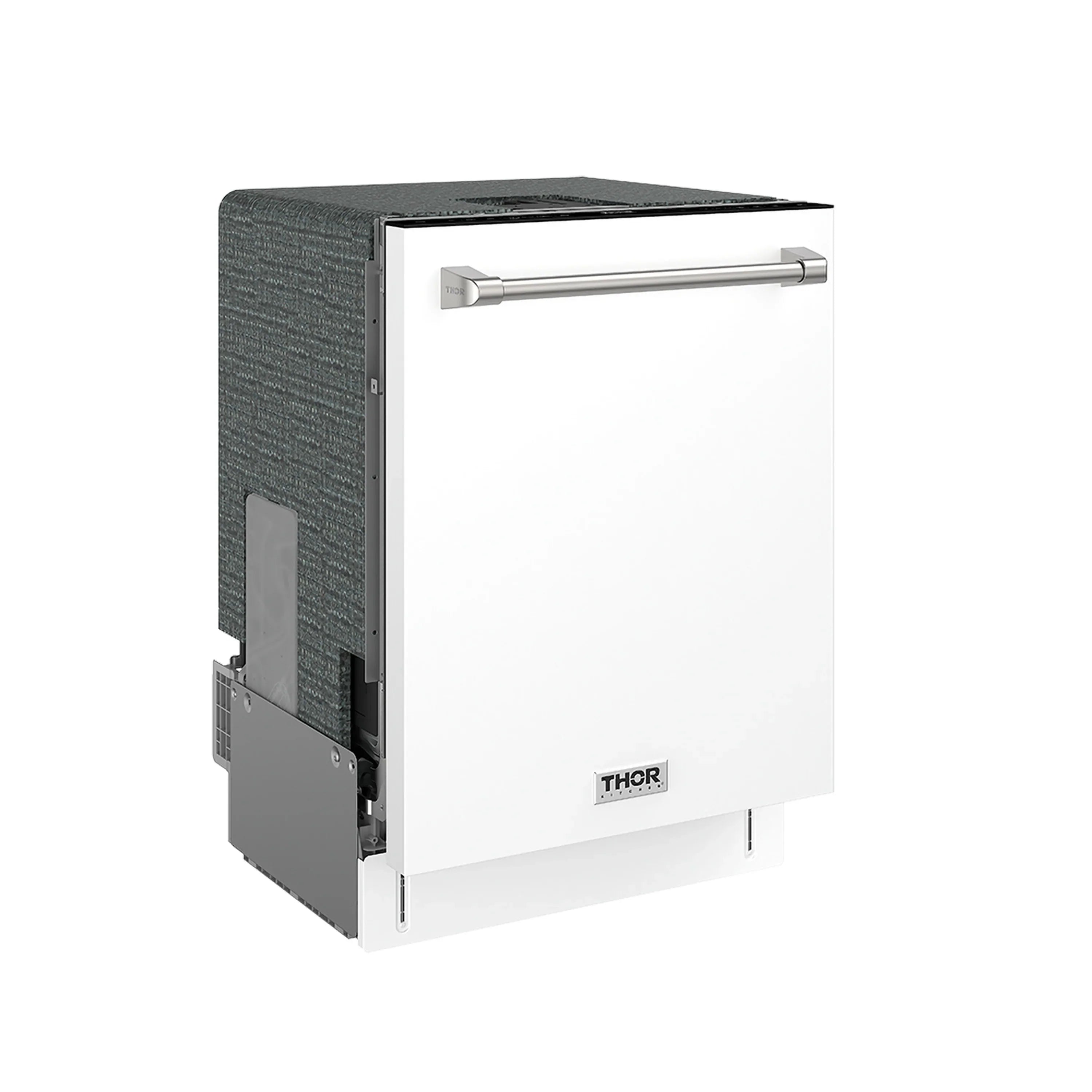 White dishwasher with THOR logo and side access panel