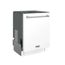 White built-in dishwasher front-left view with closed door and handle bar.
