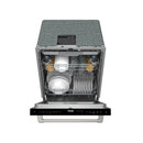 Built-in dishwasher with door open, loaded racks and stacked plates and cups visible.
