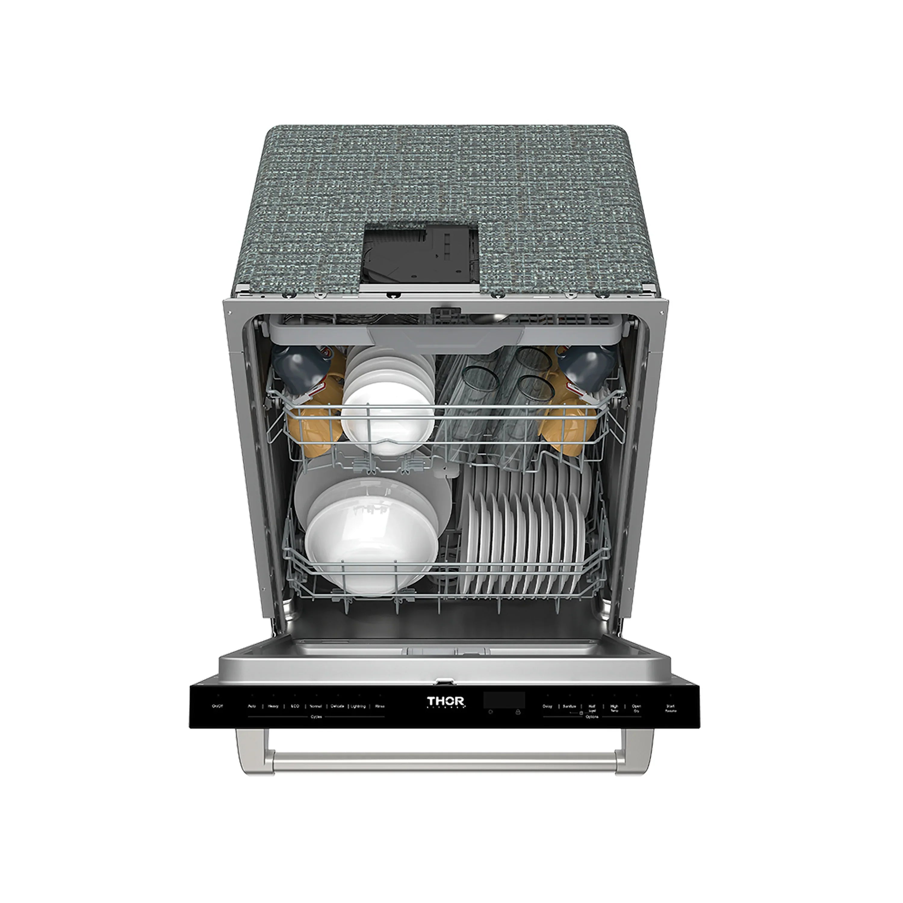 Open THOR dishwasher with plates, bowls, and cutlery on lower and middle racks