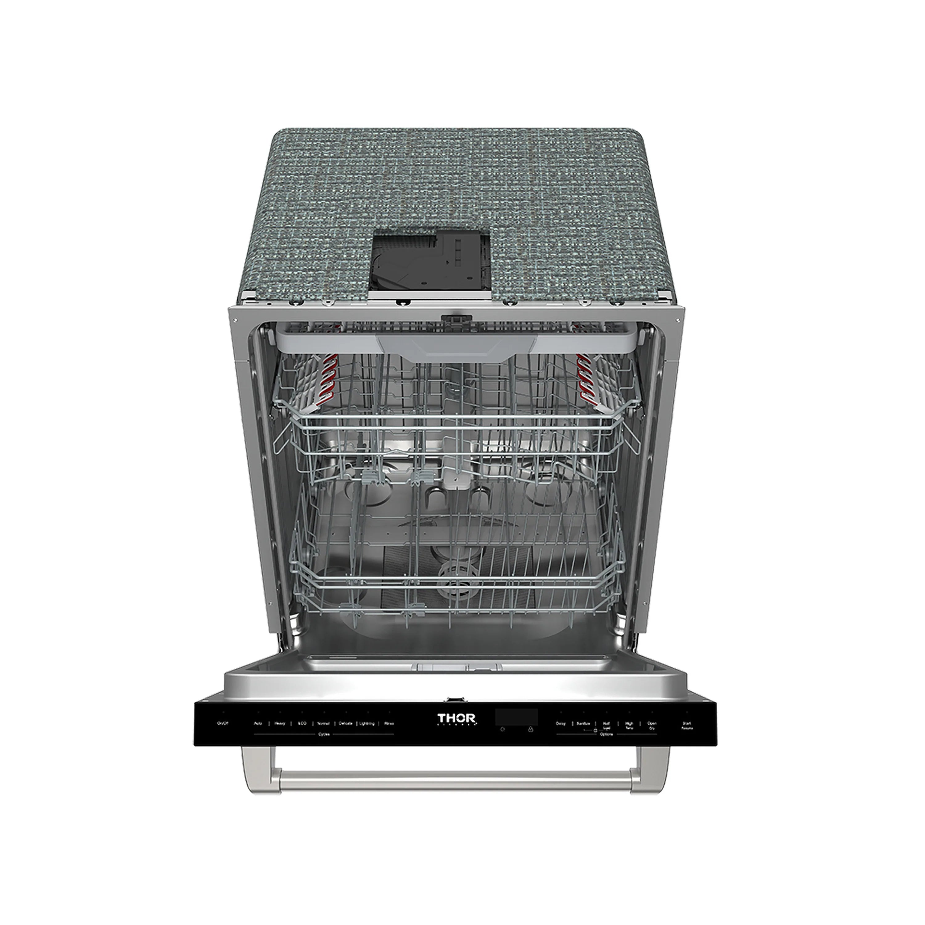 Built-in dishwasher interior with door open, upper rack and lower rack contents shown.