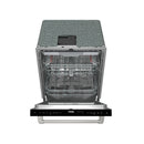 Built-in dishwasher interior with door open, upper rack and lower rack contents shown.
