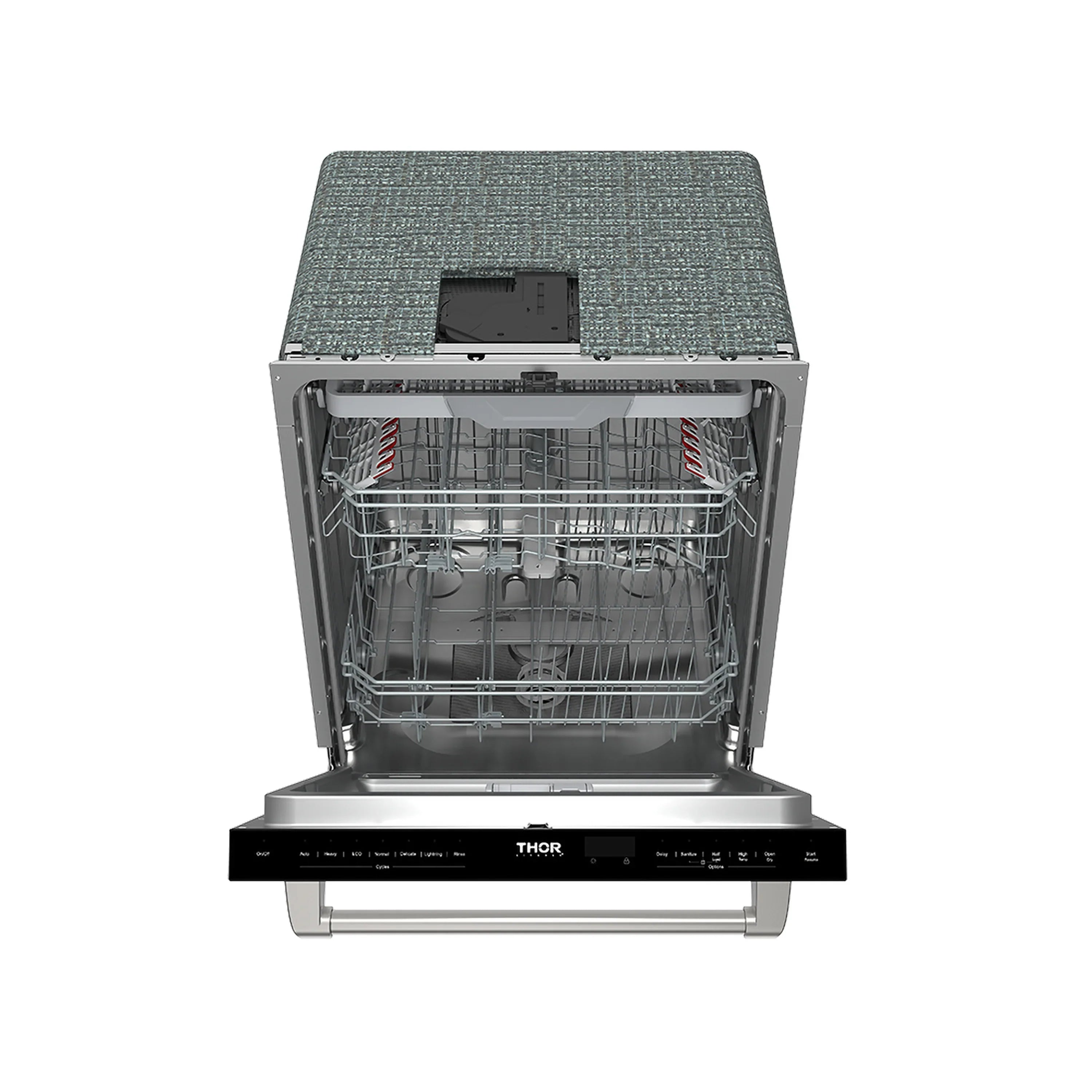 Built-in dishwasher with open door and wire racks