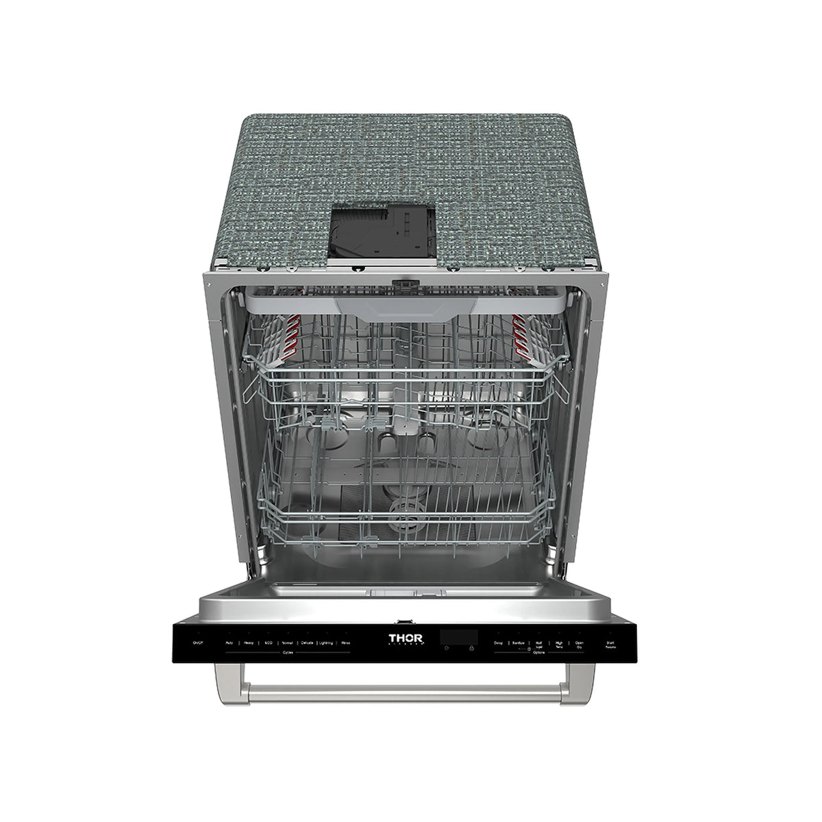 Built-in dishwasher open with upper rack and lower rack inside the tub