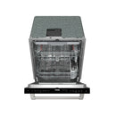 Built-in dishwasher with door open, utensils basket and dish racks visible.