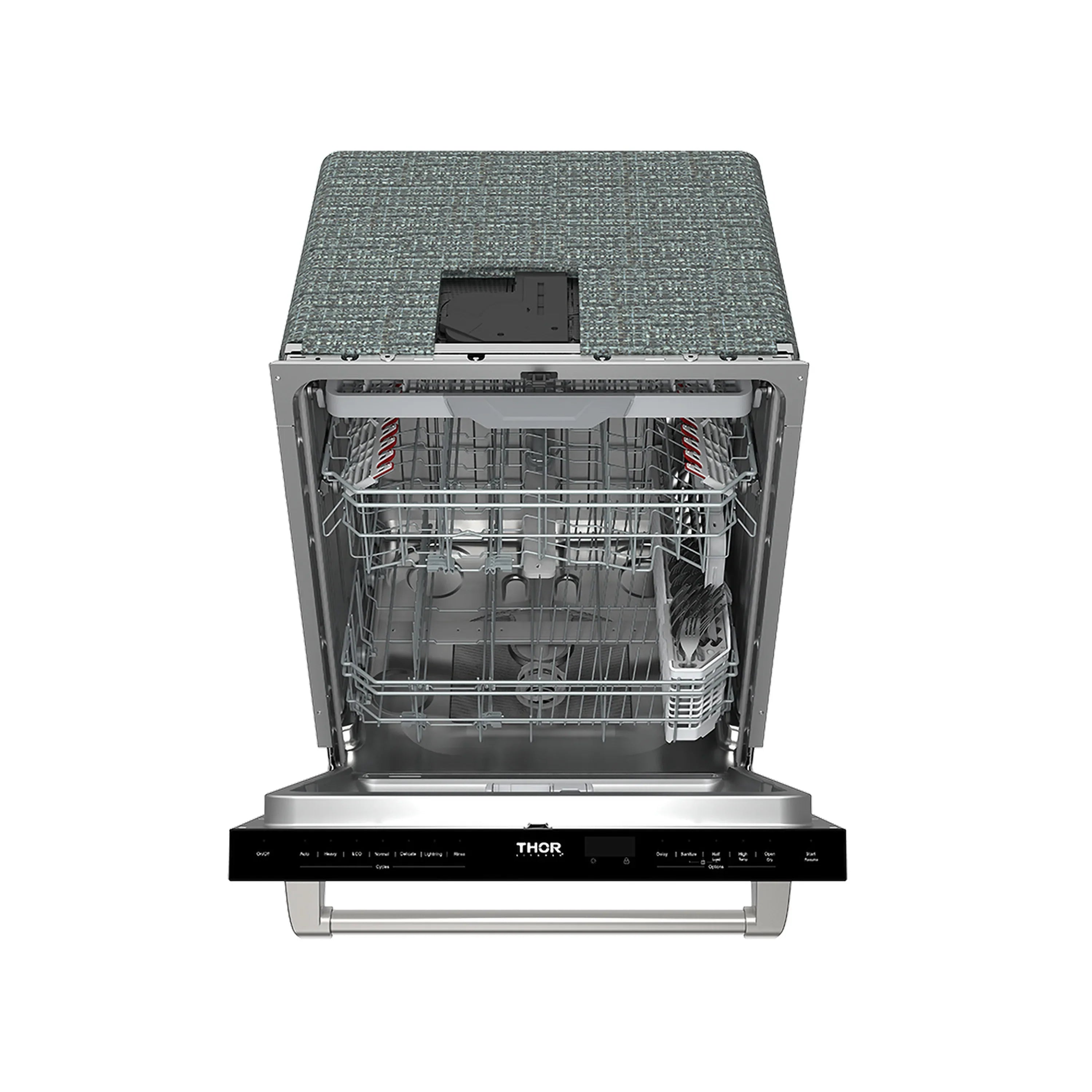 Open THOR dishwasher with stacked racks and utensil section inside the tub