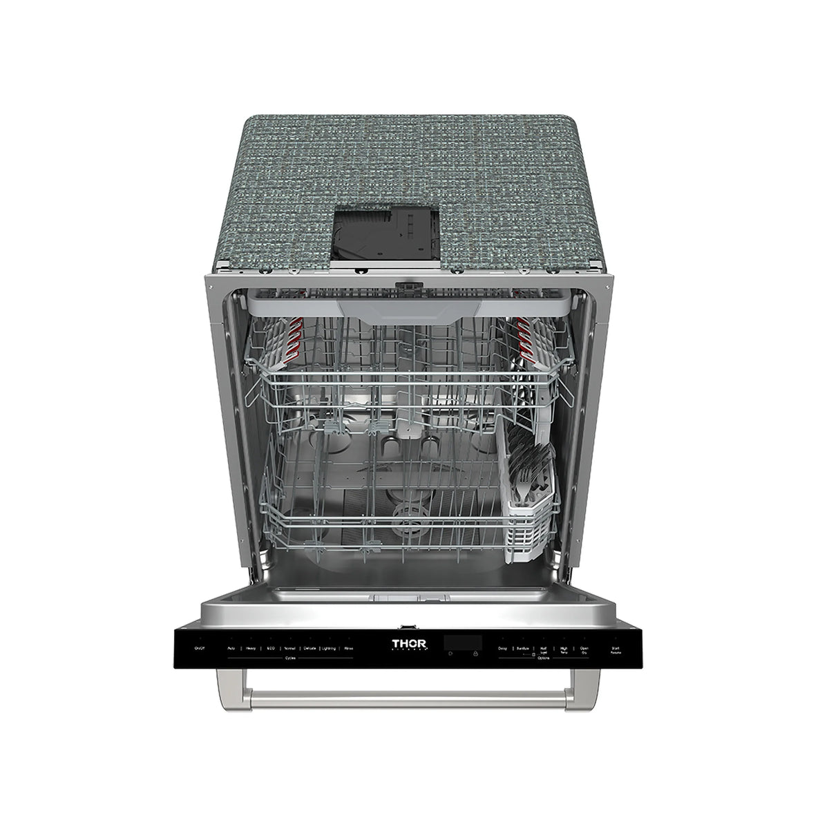 Open stainless dishwasher with top rack and utensil basket inside