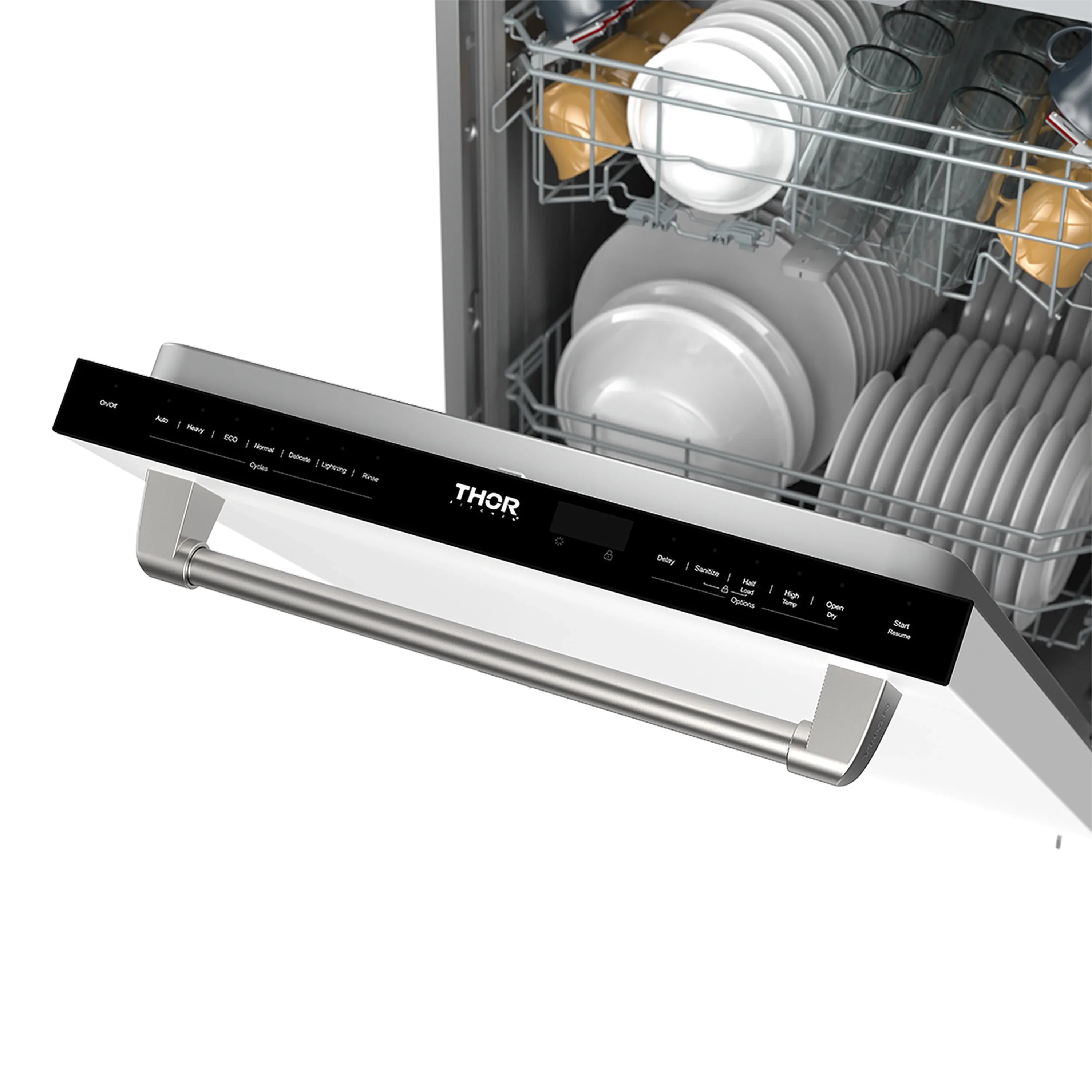 White dishwasher open door showing top rack with dishes and control panel