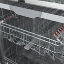 Built-in dishwasher interior with metal racks and spray arms