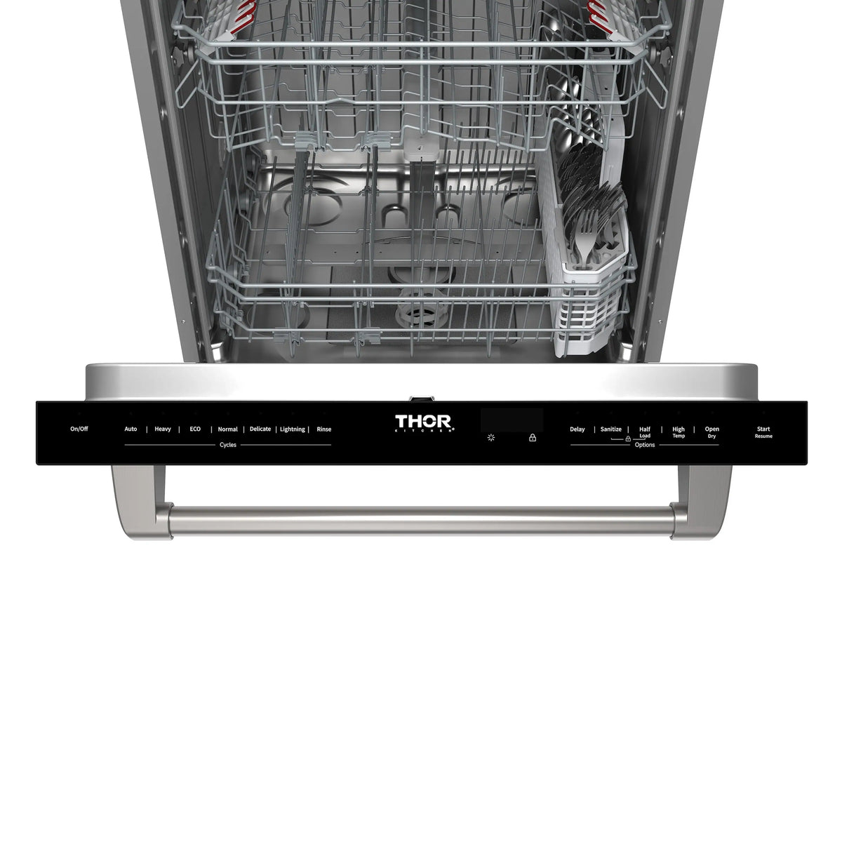 Stainless steel 24-inch dishwasher with open racks and front control panel