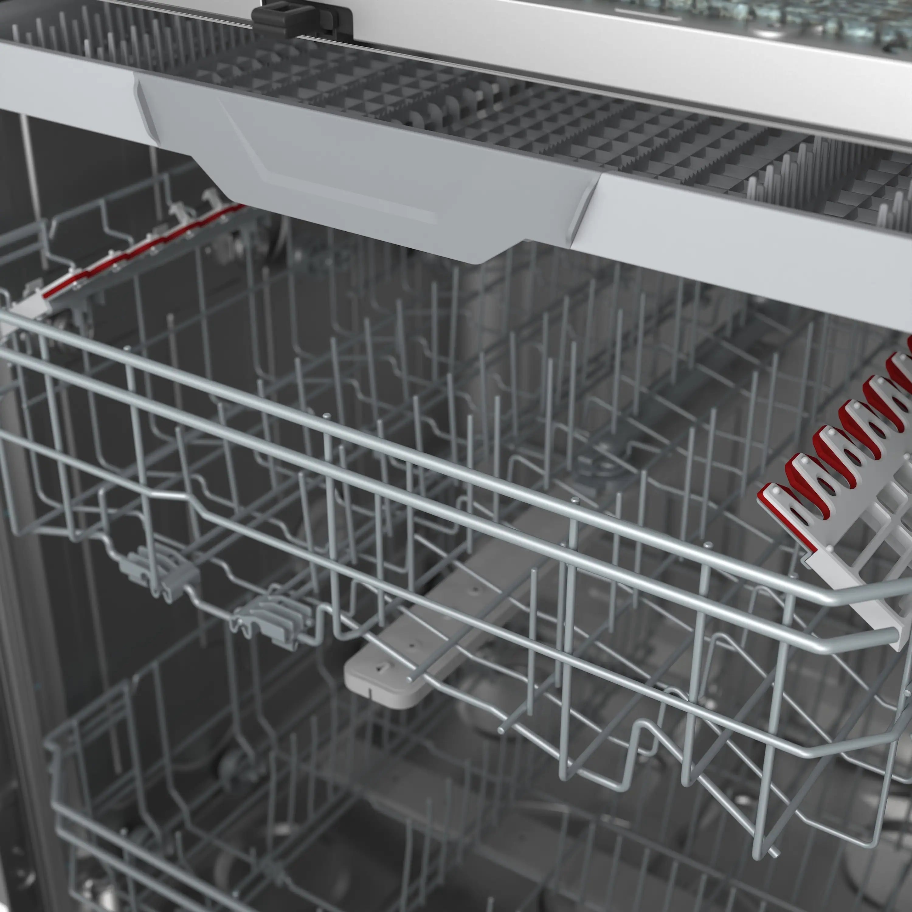 Stainless steel dishwasher interior with wire racks and spray arms