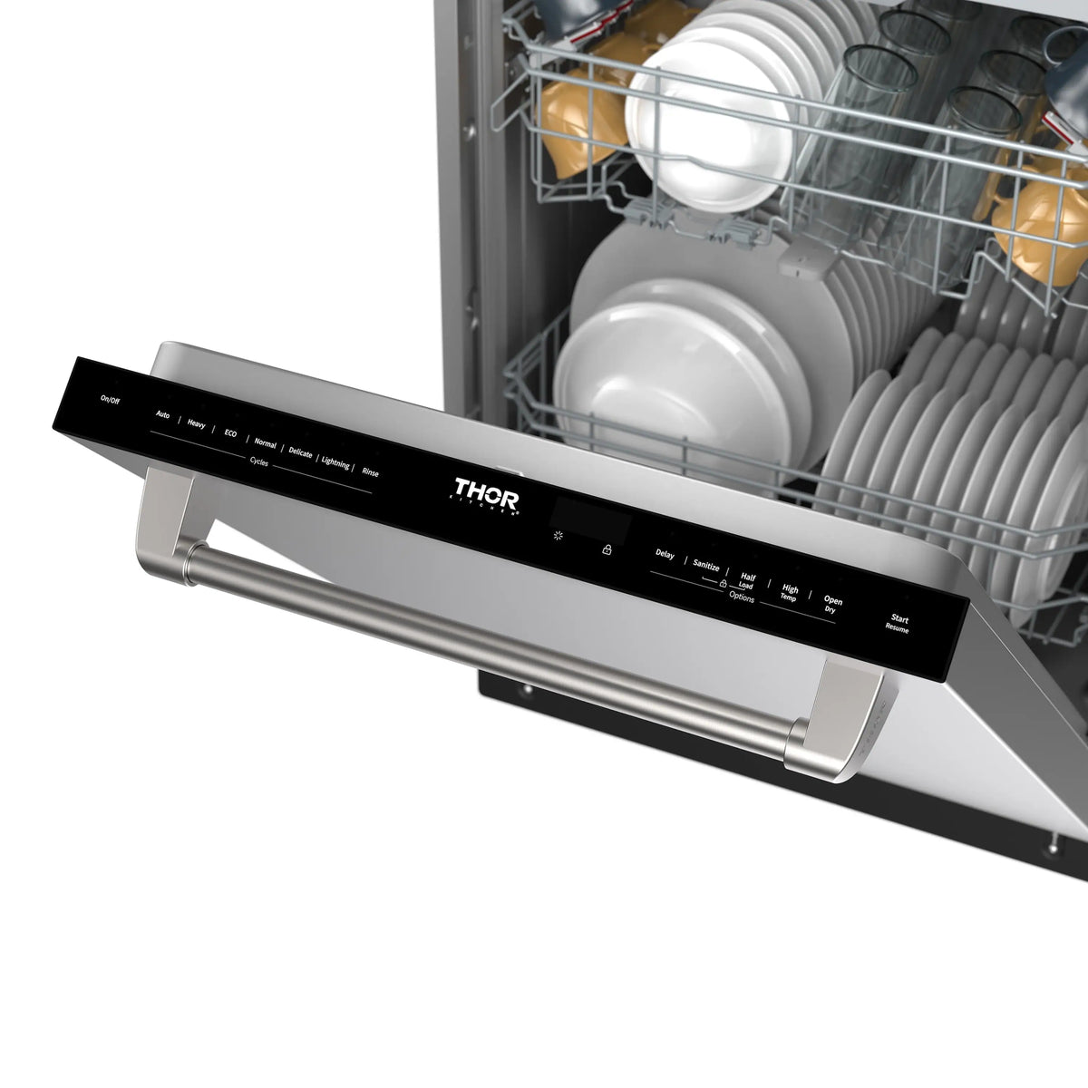 Stainless steel dishwasher with open door, visible control panel and handle