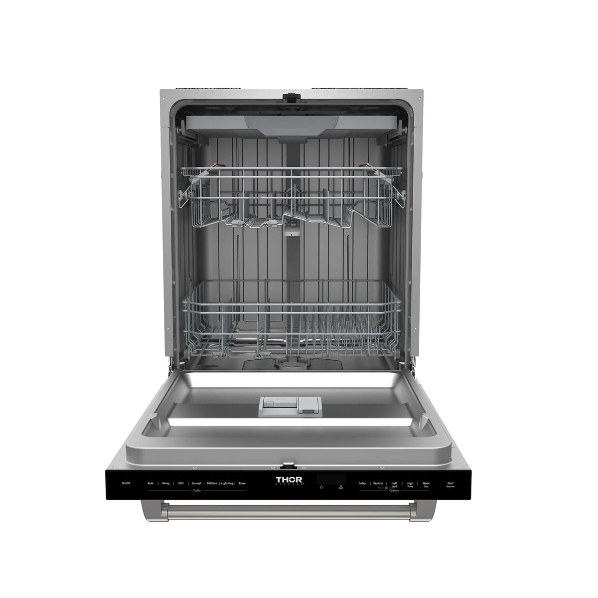 Open stainless steel dishwasher with wire racks and dish tray rails