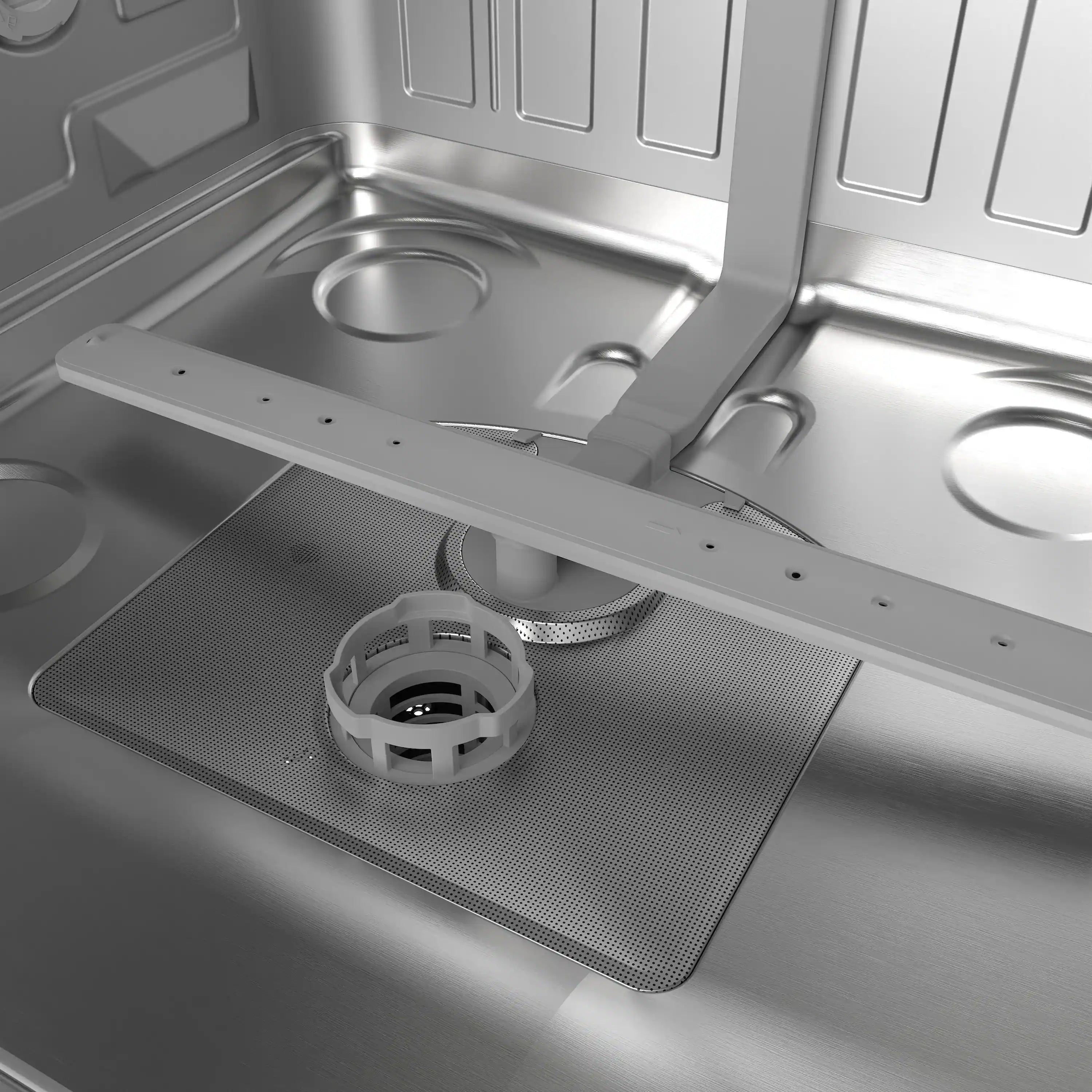 Stainless steel dishwasher bottom with drain filter and mounting brackets