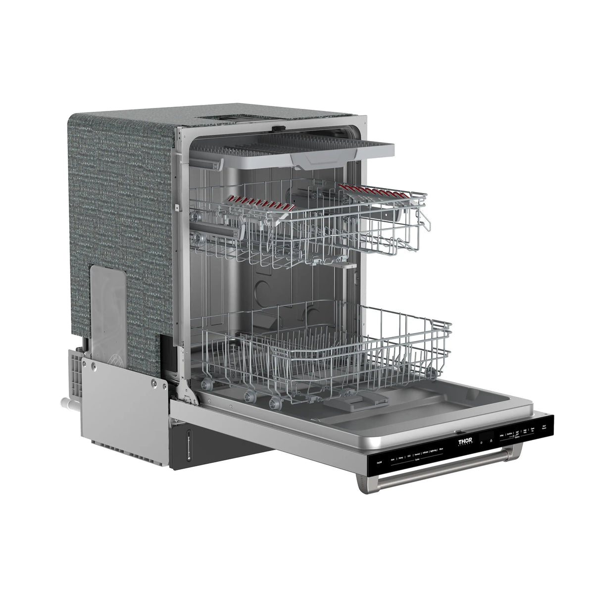 Dishwasher open at angle showing upper and lower wire racks