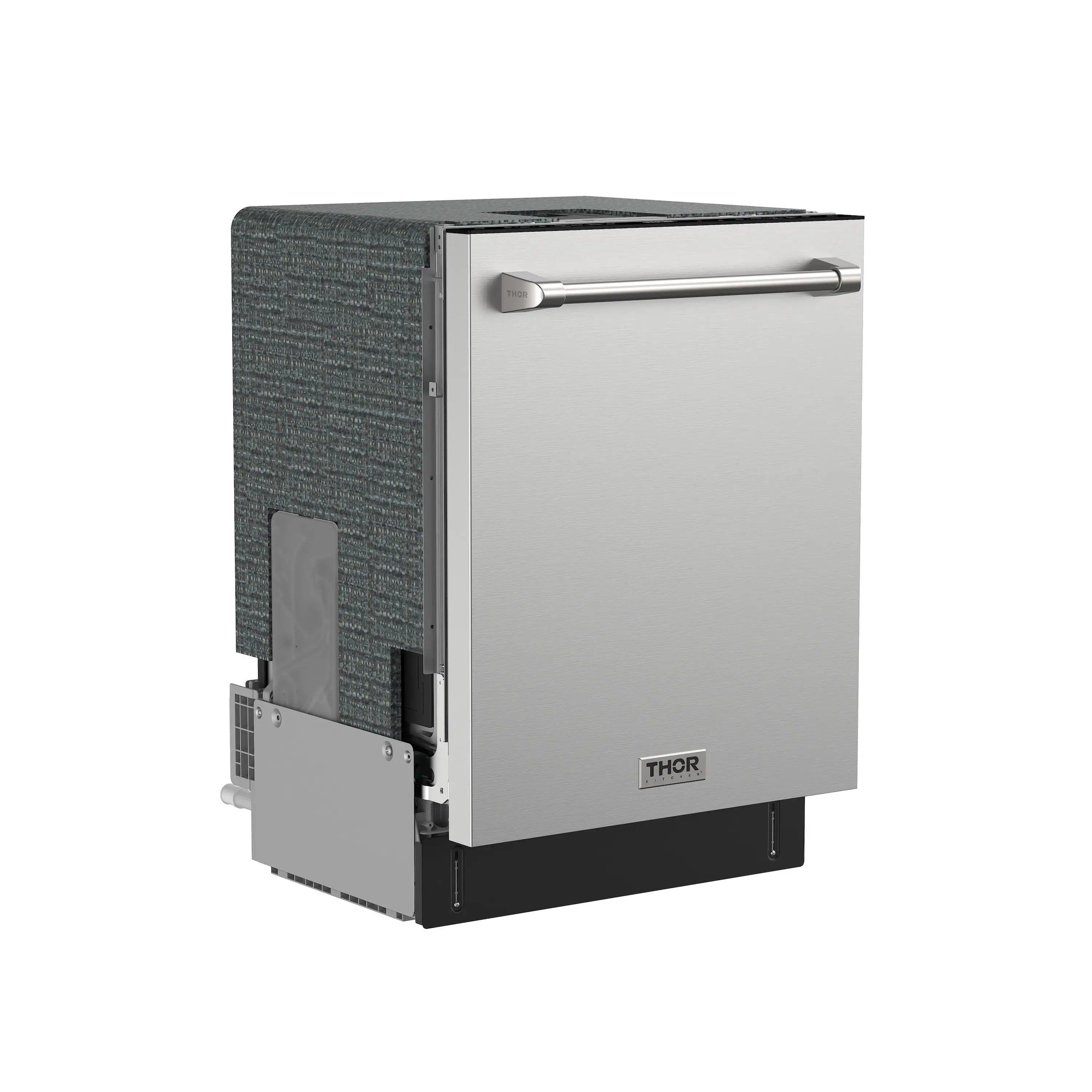 Stainless steel dishwasher side view with sound-insulation panel
