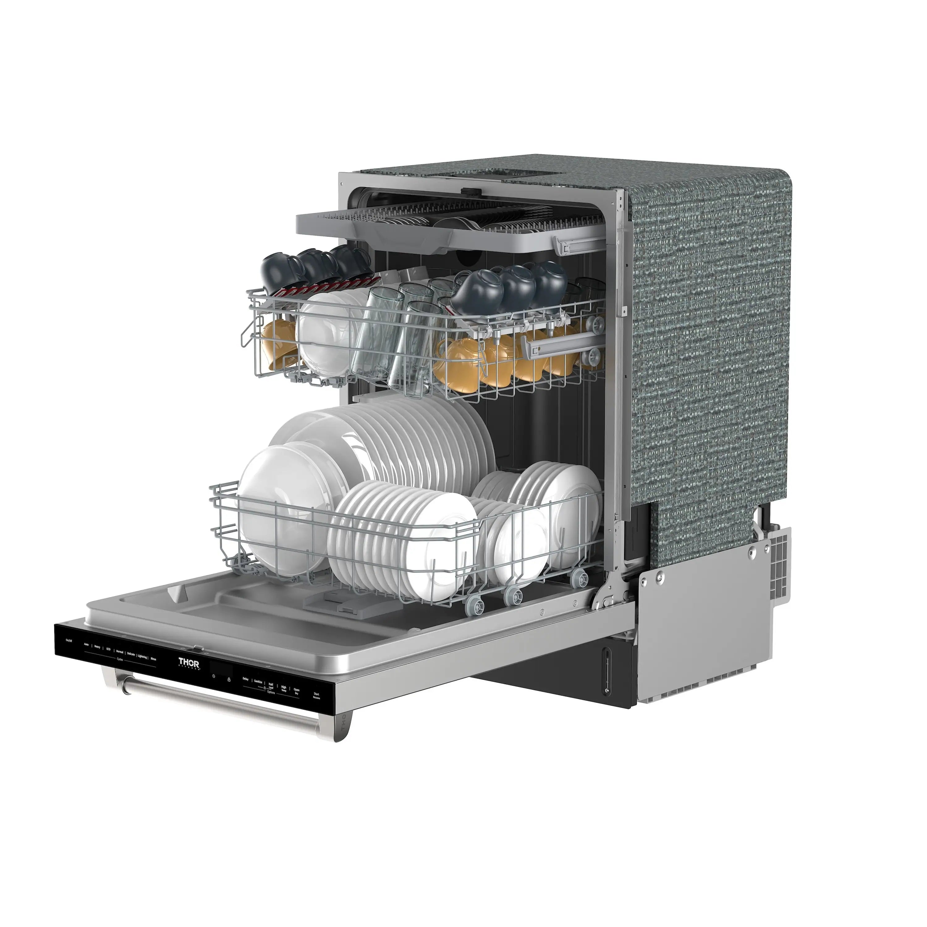 Stainless steel dishwasher open with stacked plates and cups on racks