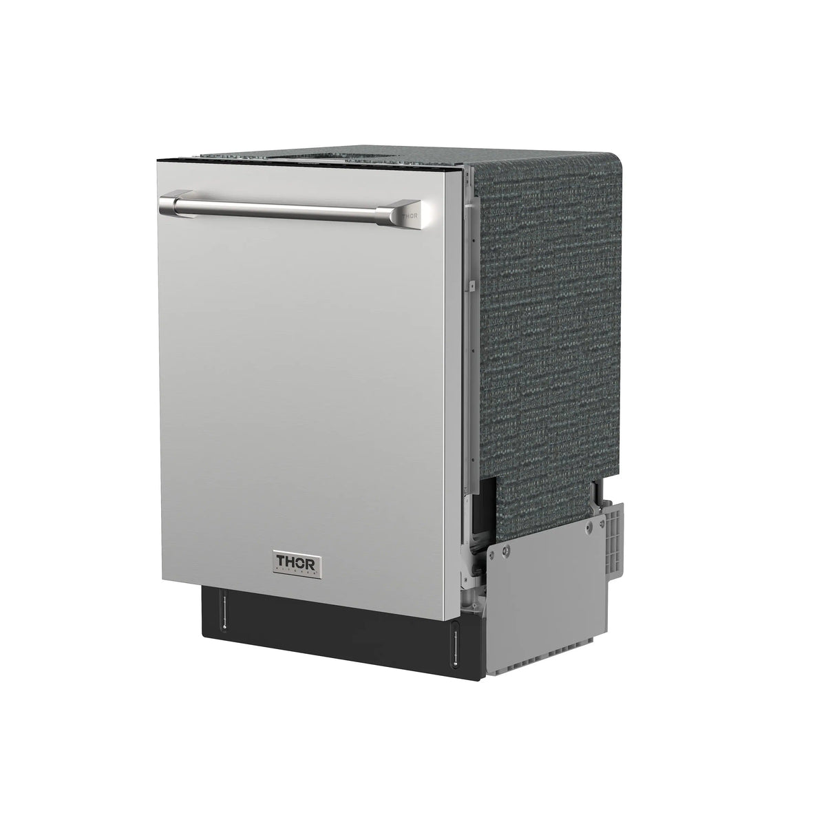 Stainless steel dishwasher side view with front handle and THOR badge