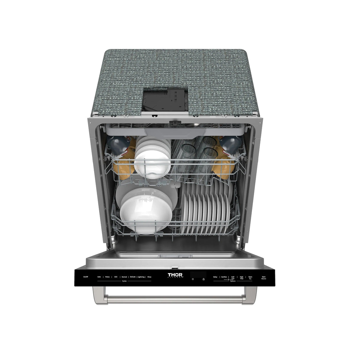 Front view of stainless steel dishwasher open with wire racks and spray arms