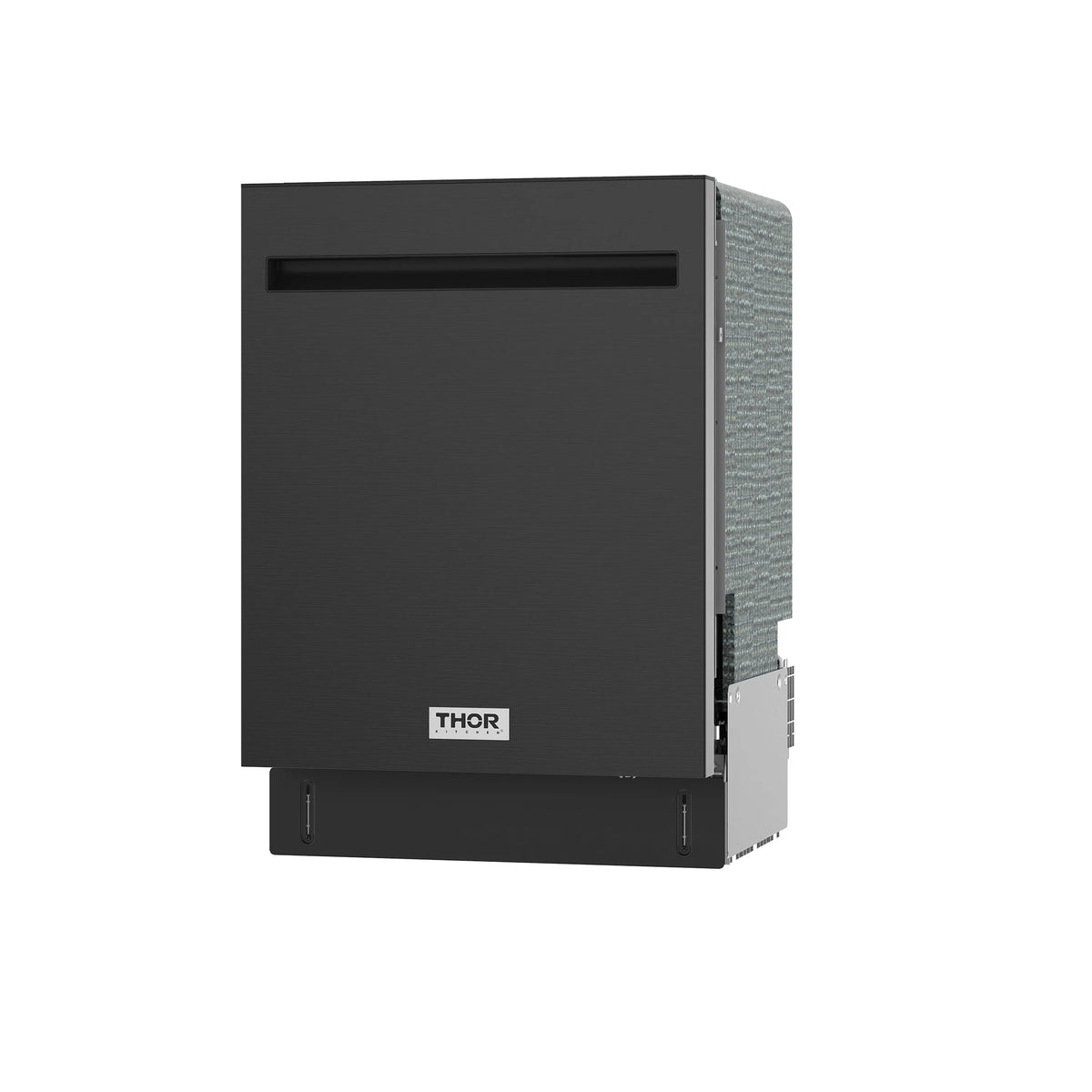 Black built-in dishwasher with pocket handle and THOR logo on front panel