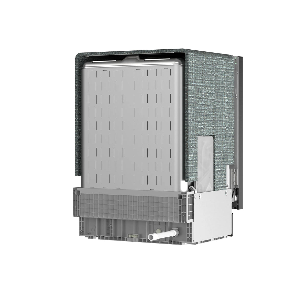 Built-in dishwasher open with tub racks, gray lower basket, and filter opening