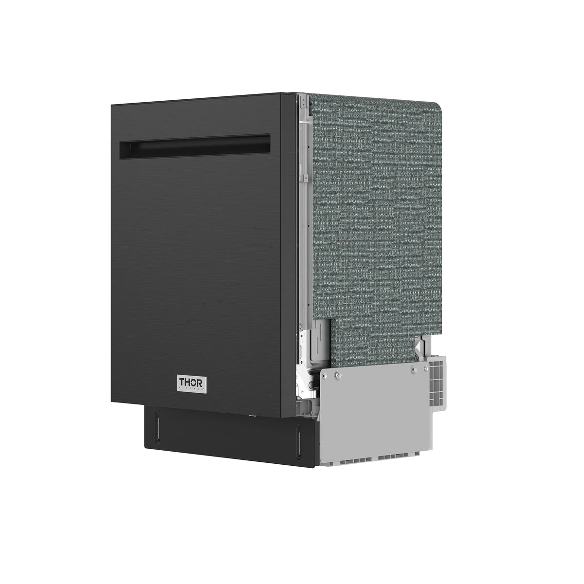 Black built-in dishwasher side view with pocket handle and control panel area