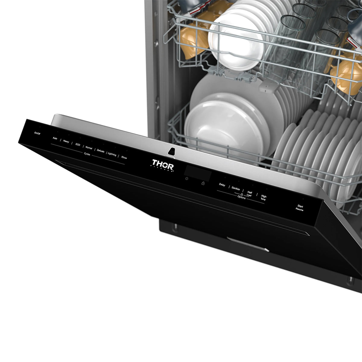 Built-in black dishwasher door open, front control panel and interior racks