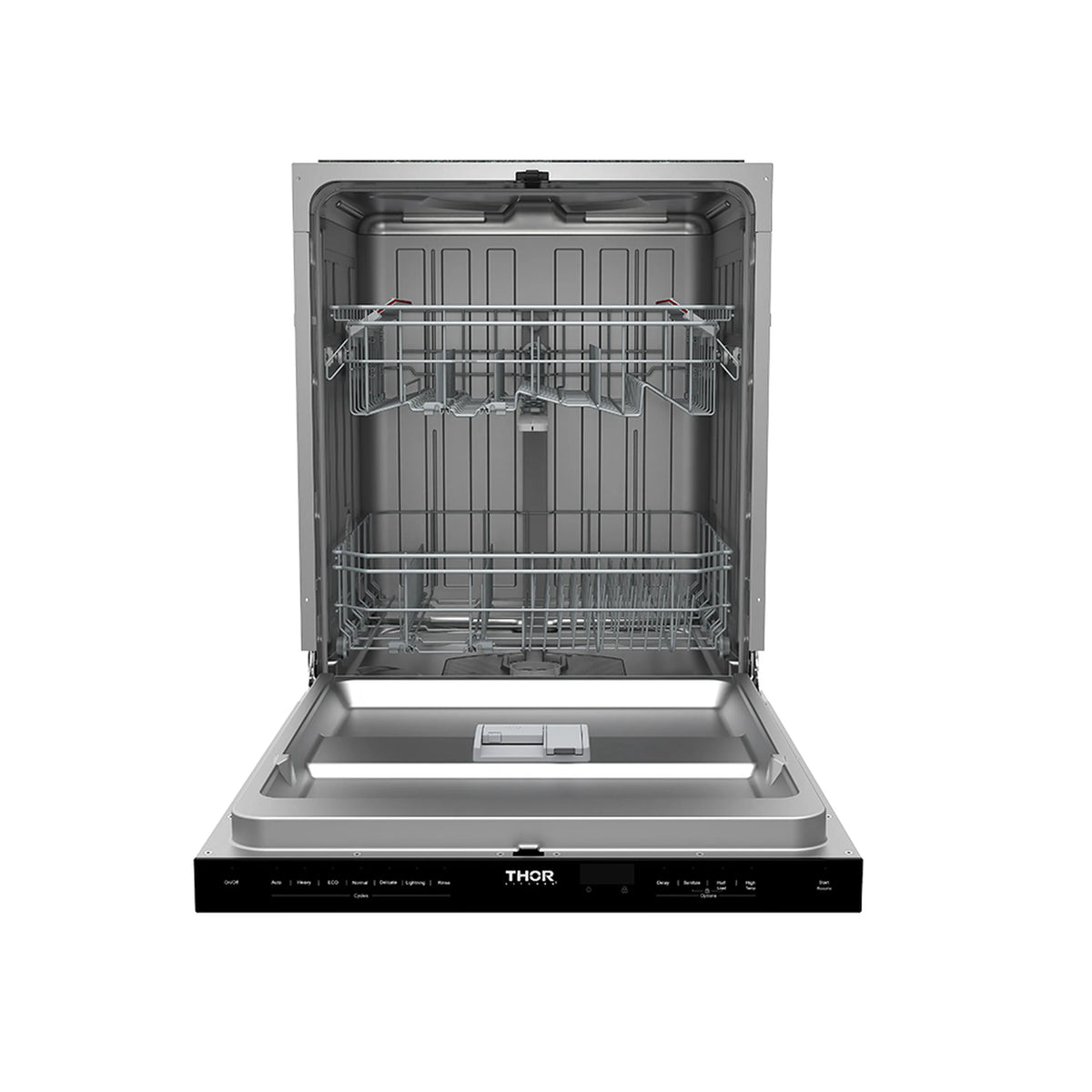 Built-in stainless dishwasher open showing empty racks and cutlery basket.