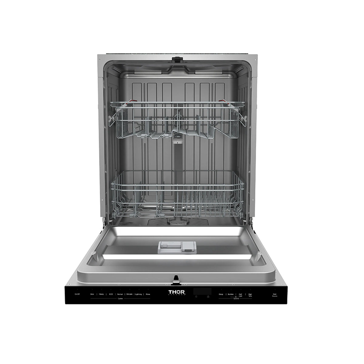 Built-in black dishwasher with open door and empty interior racks