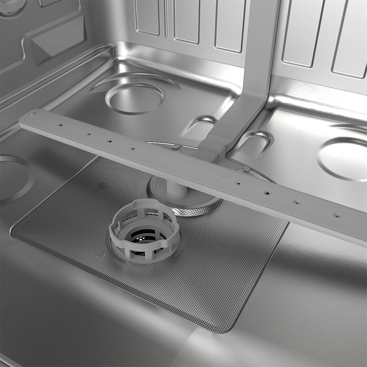 Built-in stainless dishwasher interior with lower rack, filter, and spray arm.