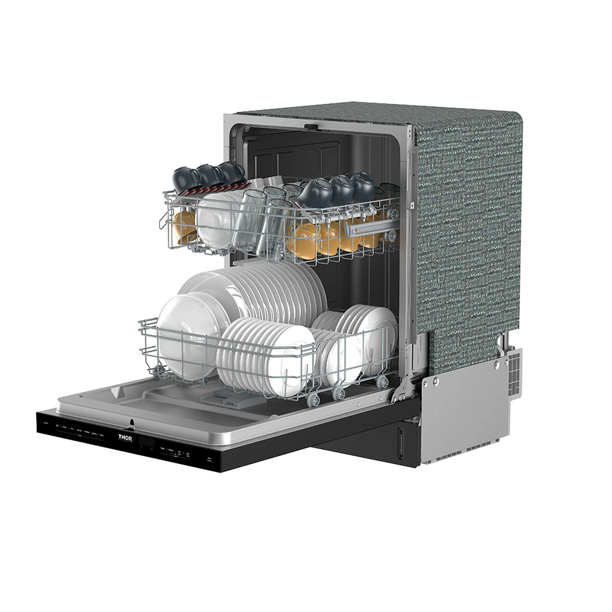 Built-in dishwasher open with loaded dishes, glasses, and utensil basket