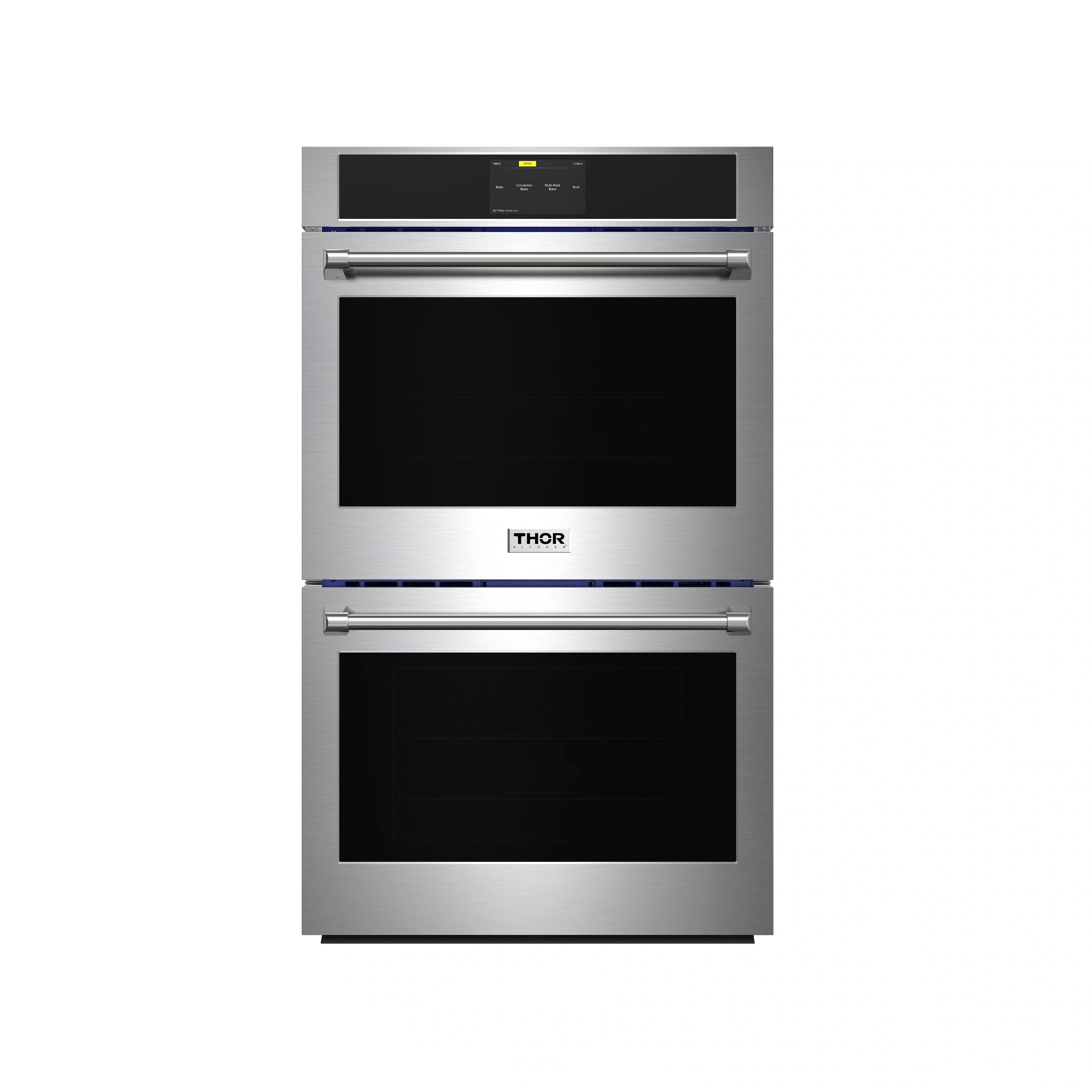 Stainless steel double wall oven with two black doors and a top control display