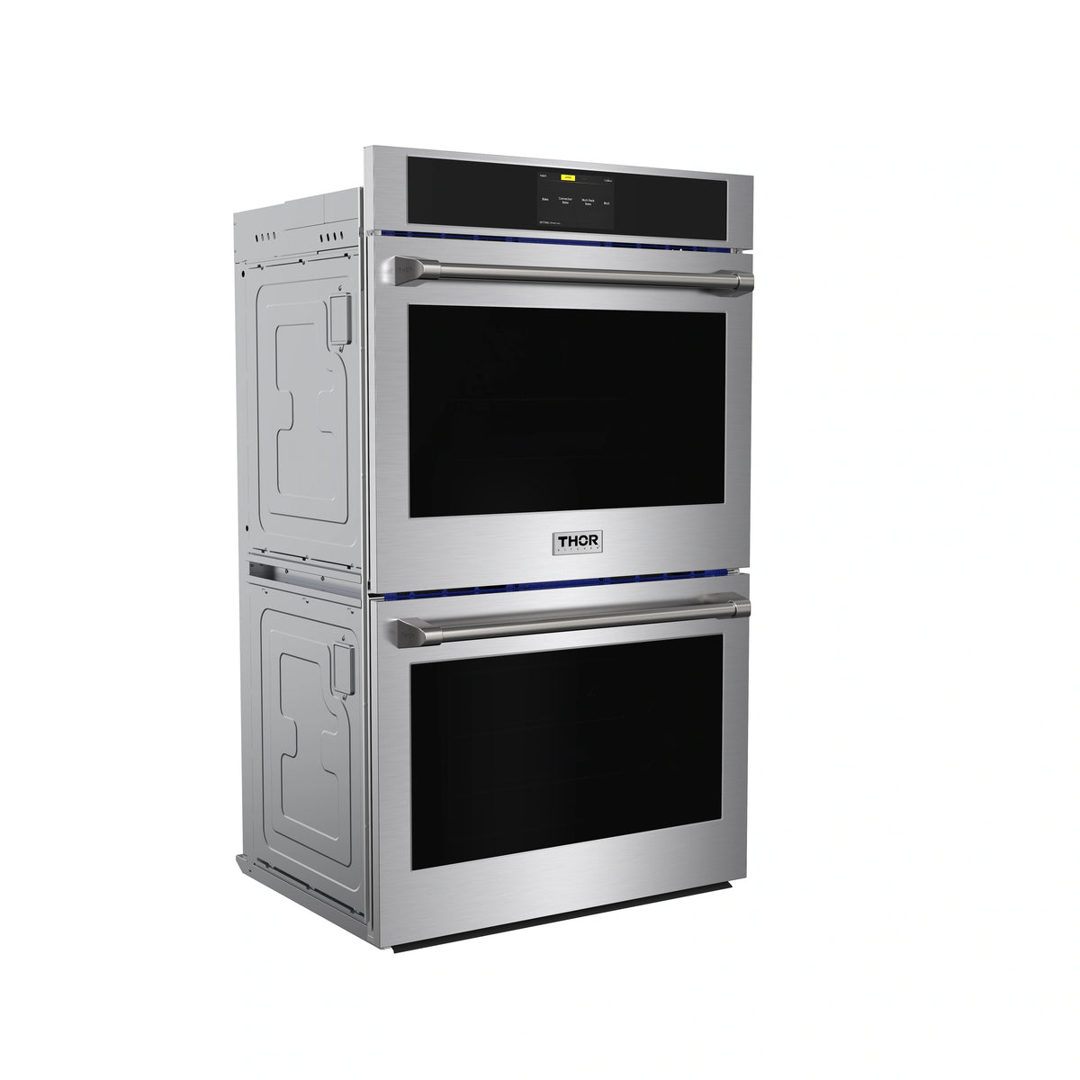 Stainless steel double wall oven with side panels open and two black front oven windows